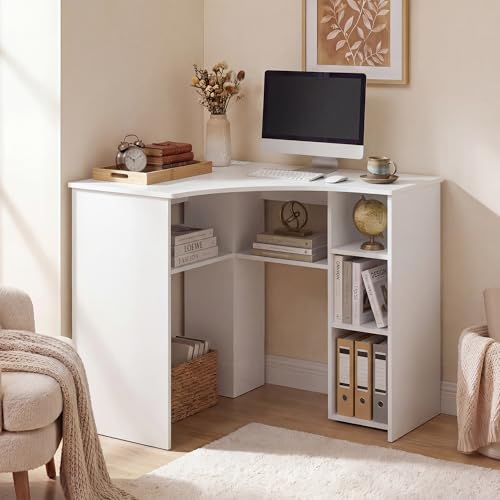 GOFLAME White Corner Desk with Charging Station, Small Corner Desk with Storage Shelves, Triangle Computer Desk, Study Writing Table for Home Office, Small Spaces