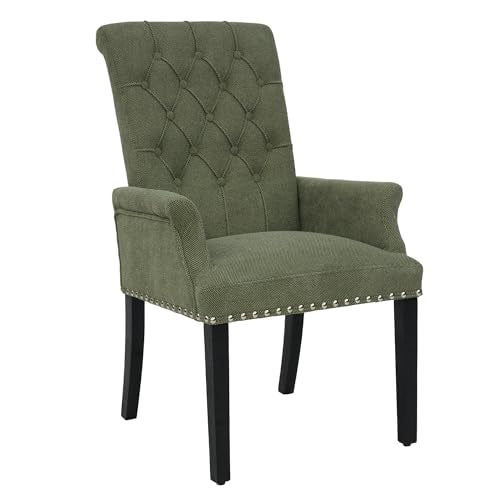 LOULENS Linen Dining Chair with Arms, Tufted Dining Room Chairs, Green | Solid Wood Legs, Nailhead Trim, Accent Chair, Kitchen Chair - color: Dark Green, size: 1 PCS