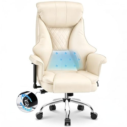 Big and Tall Office Chair - Executive High Back Leather Office Desk Chair with Adjustable Lumbar Support - Ergonomic Comfortable Heavy Duty Computer Gaming Chair with Padded Arms & Wide Seat - color: Beige