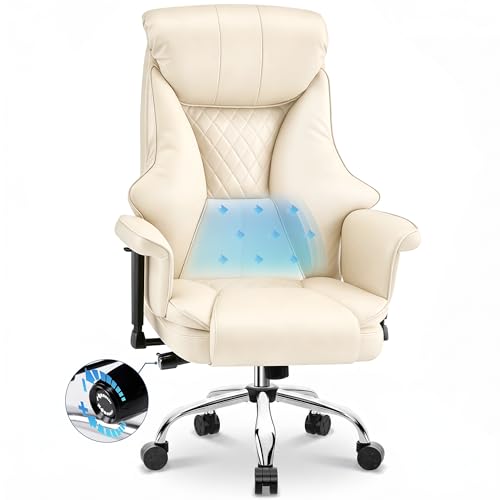 Big and Tall Office Chair - Executive High Back Leather Office Desk Chair with Adjustable Lumbar Support - Ergonomic Comfortable Heavy Duty Computer Gaming Chair with Padded Arms & Wide Seat - color: Beige