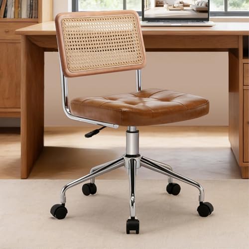 Zesthouse Leather Office Desk Chair with Wheels, Mid Century Rolling Desk Chair with Natural Rattan Back, Modern Swivel Home Office Chair, Small Height Adjustable Computer Task Chair, Brown - color: Brown, size: Armless
