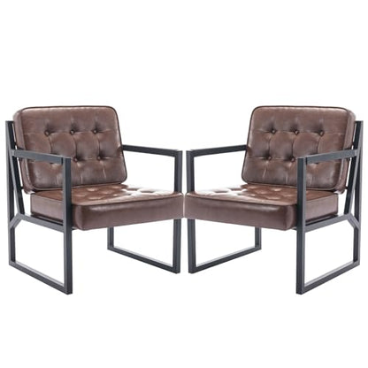 COLAMY Mid Century Modern Accent Chair Set of 2, Comfy Living Room Chair, Brown Leather Accent Chair, Faux Leather Reception Armchair with Metal Legs for Living Room Bedroom Reception Office, Brown - color: Brown, size: Set of 2