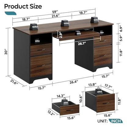 Bestier 59” Computer Desk with 4 Drawers, Office Desk with Storage, Industrial Executive Desk with File Drawer, Keyboard Tray & 2 Pedestals for Home Office & Studio, Cherry - color: Cherry
