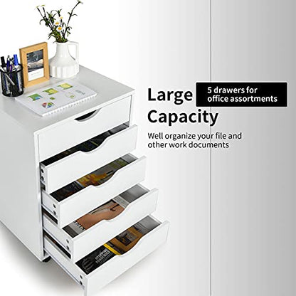 Giantex 5-Drawer Vertical File Cabinet, Mobile Office Storage Cabinet with Drawers, Large Capacity, 2 Lockable Casters and Universal Wheels, Under Desk Side Printer Stand Rolling File Cabinet (White) - color: White