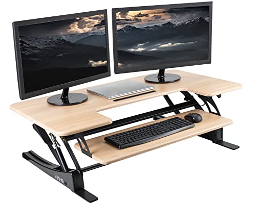 VIVO Real Bamboo 42 in Standing Desk Converter, DESK-V000VLO | Large, Height Adjustable, Stand Up Desk Riser, Wide Keyboard Tray, Dual Monitor and Laptop Workstation, Black Frame, V Series - color: Light Wood, Black, size: 42"