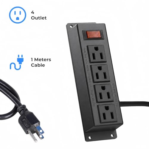 Wall Mount Power Outlet Strip, 4 Outlet Mountable Power Strip with Switch, 3ft Cord Under Desk Power Strip for Office/Industrial/Home, Flat Plug, Black | with Switch, Under Desk Power Strip for Office/Industrial/Home, Flat Plug, Black