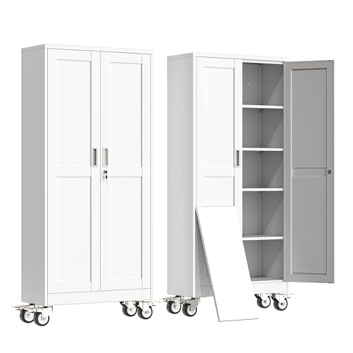 erosoei 71" H Metal Garage Storage Cabinet, Rolling Tool Cabinet with 2 Doors and Wheels, Locker Steel Cabinet with 4 Adjustable Shelves, Organization Cabinet for Garage,Office,Home,Gym,School（White） - color: White, size: 71"-CasLck