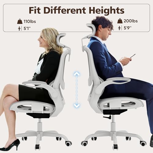 Ergonomic Mesh Office Chair- White Desk Chair, Flip-Up Armrest, Adjustable Headrest, Tilting with Soft Seat and PU Wheel, Elite Home Desk Chair for Work, Study, Gaming (GY1108) - color: White Mesh