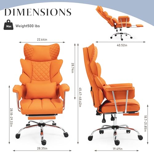 500 Lbs Kneading Massage Office Chair with Foot Rest Reclining | Orange, Ergonomic Computer Chair, High Back Thick Cushion, Big & Tall, Comfy Leather, Heavy Duty Home Executive - color: Orange