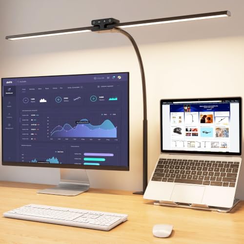 24W Led Desk Lamps with Clamp for Office Home, 31.5-in Double Head, Black | Dual Screen Computer Monitor Desk Light,Dimmable 4 Colors, Eye Care Architect Table Light for Working Reading Drafting - color: Black