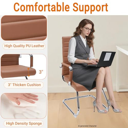 Sidnali Waiting Room Chairs, Office Guest Chair with Sled Base Mid Back for Reception Conference Room, Brown Set of 2