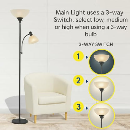 Adjustable Black Floor Lamp with Reading Light, Tall Lamp for Living Room, Bedroom, Office, Susan 72" Standing Lamps for Living Room, Corner Light, Stand Lamp, Floor Lamps for Living Room Modern