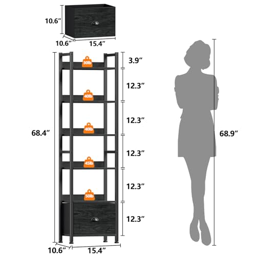 Furologee Book Shelf Set of 2, 6 Tier Tall Shelf with Drawer, Bookshelves and Bookcases Set of 2, Industrial Display Shelving Unit for Bedroom, Living Room, Home Office, Black Oak - color: Black Oak, size: 6 Tier-2 PCS