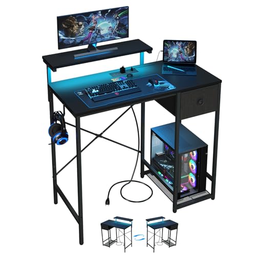 X-cosrack 33.5" Small Gaming Desk with LED Lights & Power Outlets, Compact Computer Desk with Monitor Stand & CPU Stand, Gamer Table with Storage Drawer, Side Hooks for Home Office, Bedroom, Black - color: Black, size: 33.5" with Monitor Stand