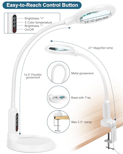 12X Magnifying Glass with Light and Stand, Real Glass, LED 5 Color Modes, Brightness Stepless Dimming Lighted Magnifier Hands Free, Flexible Gooseneck Desk Lamp with Clamp for Close Work, Craft, White - color: White