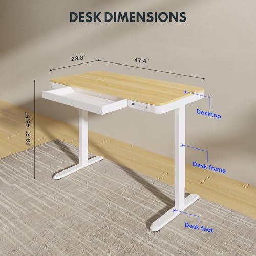 FLEXISPOT Comhar 48" Electric Standing Desk with Drawers, USB Charging Ports, Quick Assembly, Height Adjustable Sit Stand Computer Desk with Child Lock for Scandinavian Home Office, Maple - size: 48"Maple/White