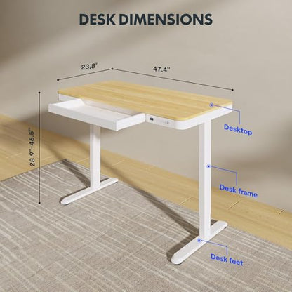 FLEXISPOT Comhar 48" Electric Standing Desk with Drawers, USB Charging Ports, Quick Assembly, Height Adjustable Sit Stand Computer Desk with Child Lock for Scandinavian Home Office, Maple - size: 48"Maple/White