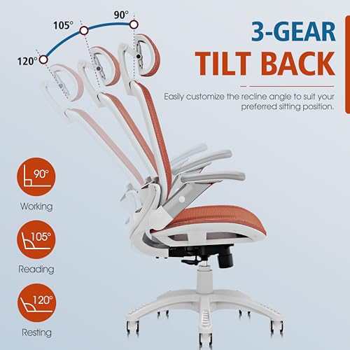 GABRYLLY Ergonomic Office Chair, High Back Home Desk Chair with 2D Flip-Up Arms, 3D Headrest, 90-120° Tilt and Wide Cushion, Big and Tall Mesh Chairs for Man Woman, Computer Task Chair Orange - color: White Frame Orange Mesh