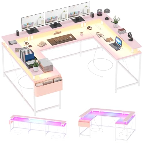 IDEALHOUSE U Shaped Home Office Desk, Reversible L Shaped Gaming Computer Desk with Power Outlets,126 Inch Computer Desk with Monitor Stand and LED Lights,Storage Shelves,Storage Bag and Hooks（Pink） - color: Pink