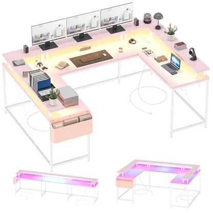 IDEALHOUSE U Shaped Home Office Desk, Reversible L Shaped Gaming Computer Desk with Power Outlets,126 Inch Computer Desk with Monitor Stand and LED Lights,Storage Shelves,Storage Bag and Hooks（Pink） - color: Pink