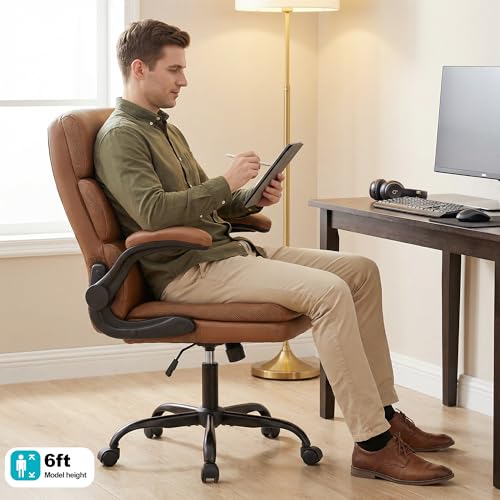 Mid Back Office Desk Chair,Leather Conference Room Chairs,Ergonomic Home Computer Chair,Modern Executive Chair with Padded Flip-up Armrest and Swivel Wheels (Brown) - color: Brown