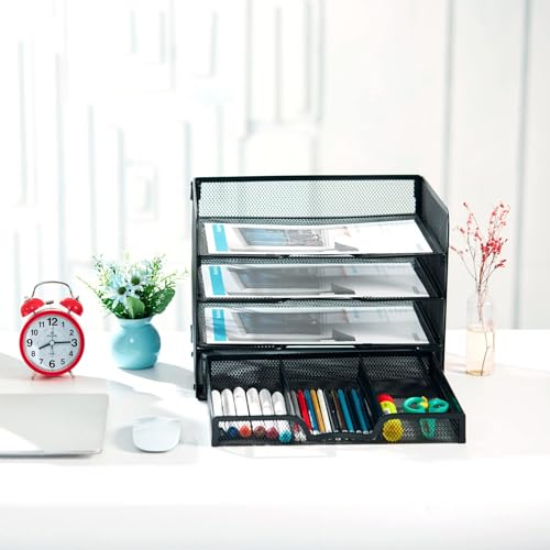 SETTFRFE 4-Tier Metal Desk Organizer-Paper Letter Tray with Drawer,Black - size: 12.8" x 10" x 9.9"