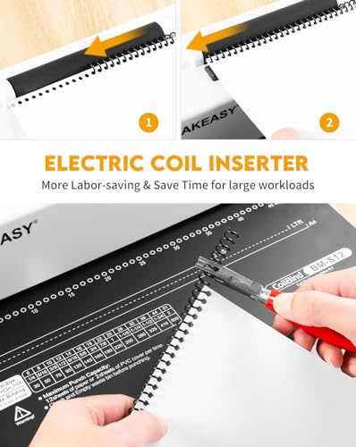 MAKEASY Spiral Binding Machine, 4:1 Pitch, 12 Sheets Punch Capacity, Electric Coil Insert, Book Binder Machine for A4/A5/Letter Size Paper, Come with 1 Box pcs 5/16'' Coils & Pliers - color: White