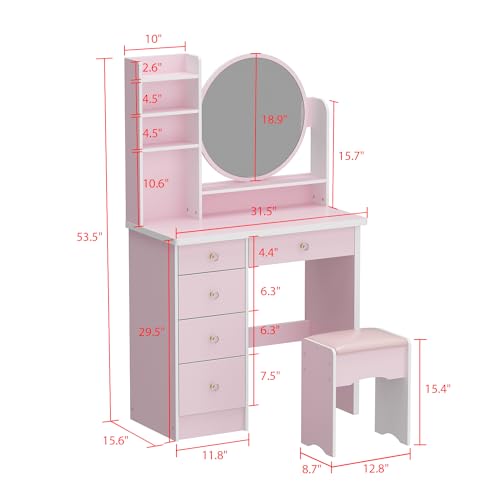 ECACAD Vanity Desk Set with Round Mirror, Makeup Dressing Table with 5 Drawers, Storage Shelves & Cushioned Stool for Bedroom, Pink - style: Pink-Without Light