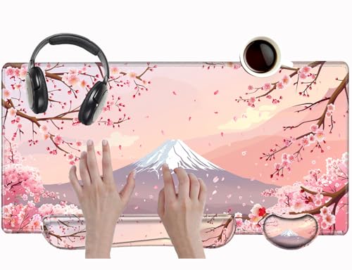 Cherry Blossom Mouse Pad and Keyboard Wrist Rest Japanese Pink Desk Mat Set Gaming Mousepad with Wrist Support XXL Computer Mat 31.5" x 15.75" Mouse Mat Organization Decor - color: Pink Sakura