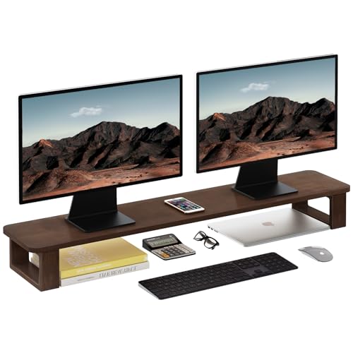 Ufine Dual Monitor Stand Riser 39.3 Inch Wood Desk Shelf Desktop Organizer | 2 Heights Adjustable, Ergonomic Computer Monitor Stand for 2 Monitors, Laptop, TV, Printer