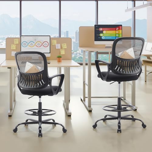 Sweetcrispy Ergonomic Tall Drafting Chair, High Office Desk Chair | Comfy Lumbar Support, Adjustable Height, Footrest, Fixed Arms, Counter, Dark Black - color: Dark Black, size: 45 inches (H) x 23.62 inches (W) x 24.2 inches (L)