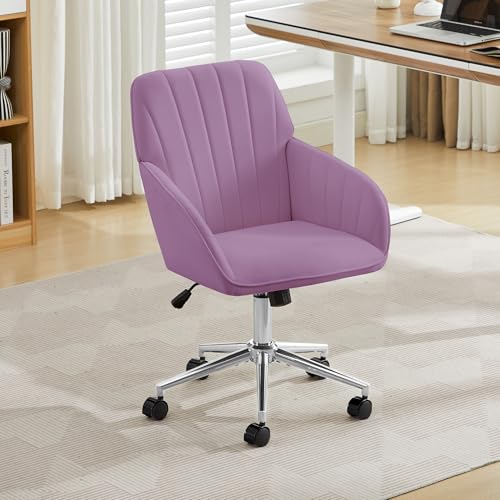 YITAI Velvet Office Desk Armchairs with Silver Base and Wheels,Modern Height Adjustable 360 Degree Swivel Upholstered Vanity Chairs for Living/Room Bedroom/Study,Light Purple - color: Silver Purple