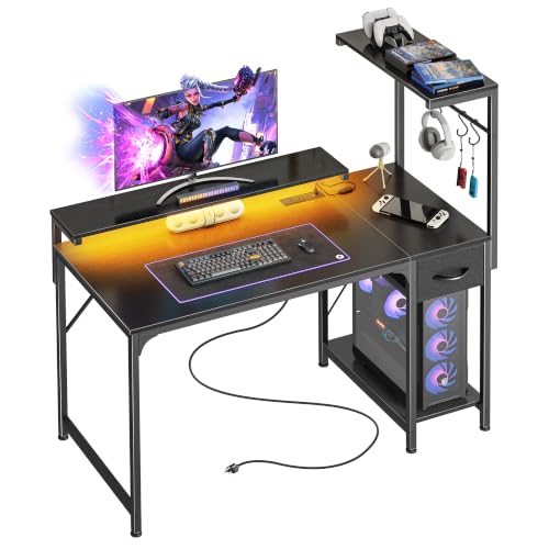PRAISUN 39.4 Inch Gaming Desk with LED Lights & Power Outlets - color: Black, size: 39.4 Inch