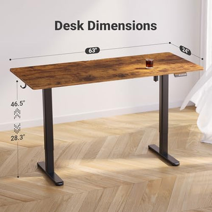 Claiks Electric Height Adjustable Standing Desk, 63x24 Inch, Rustic Brown | Smooth Height Adjustment, 3 Memory Presets, Cable Management Hub&Hook, Stable Steel Frame, 176lbs Capacity, Easy Assembly - color: Rustic Brown, size: 63