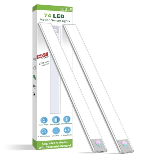 BLS Under Cabinet Lights, 74 LED lights Battery Operated Motion Sensor Light Indoor, USB C Rechargeable Closet Lights Motion Sensored, 2200mah Wireless Magnetic Light for Kitchen Night Stairs (2 Pack) - color: Cool White- 14.6 inch