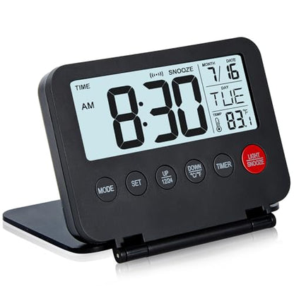 KANBIT Small Digital Travel Alarm Clock, Large LCD Display Front Button with Date & Temperature, Snooze and 8 Seconds Backlight AAA Battery Operated Desk Clock for Home & Office, Black - color: Black