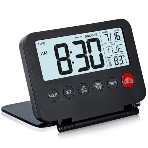KANBIT Small Digital Travel Alarm Clock, Large LCD Display Front Button with Date & Temperature, Snooze and 8 Seconds Backlight AAA Battery Operated Desk Clock for Home & Office, Black - color: Black