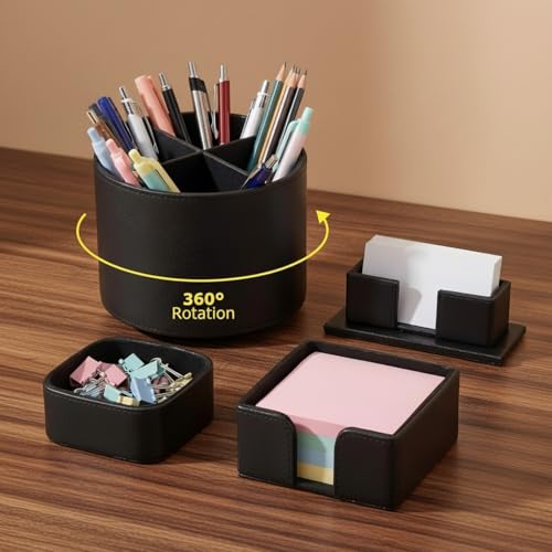 4 Pcs Rotating Leather Pen Holder for Desk Organizer Office Supplies Business Card Sticky Note Holder Paperclip Storage Desk Accessories Set for Teacher Back to School Gift(Black) - color: Black
