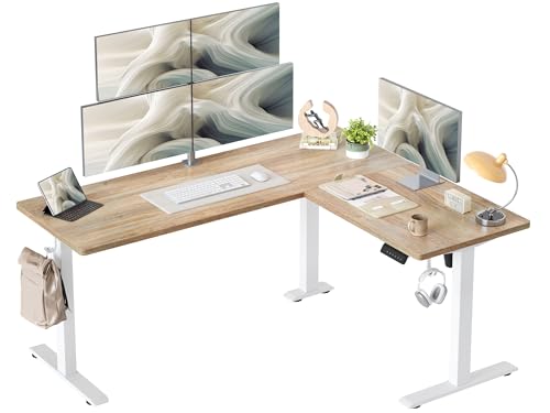 TIQLAB L Shaped Standing Desk Adjustable Height, Reversible Electric Corner Standing Desk, 63 x 55 inch Sit Stand Computer Table with Splice Board, Maple - color: Maple, size: 63*55 inch with splice board