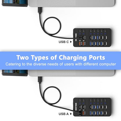 Powered USB Hub,14 Ports USB Data Hub Splitter with 6 USB 3.0 Port,4 Charging Port,1 USB-C 3.0 Data Port,1 PD 60W Charging Port w LED Individual On/Off Switches for MacBook,Mac Pro,Laptop/PC