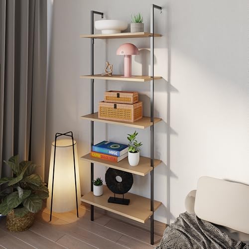 happimess Madera 5-Shelf Wall Mounted Bookcase 72.05", Light Oak/Black - color: Light Oak, size: 5-Tier 72.05"