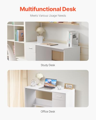 VEVOR Small Desk with Drawer, Kids Desk for Bedroom, Wooden Simple Study Table for Drawing, Reading, Writing, Rectangle MDF Study Storage Table with Adjustable Shelf for Home, Office, White - size: 41.34"D x 17.32"W x 29.57"H