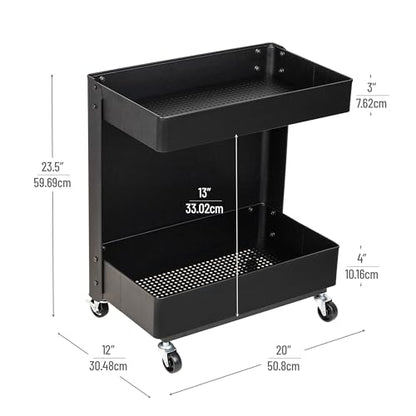 Mind Reader Under Desk Rolling Cart, 2-Tier Steel Utility Organizer, No Assembly Required, 12" L x 20" W x 23.5" H, Black