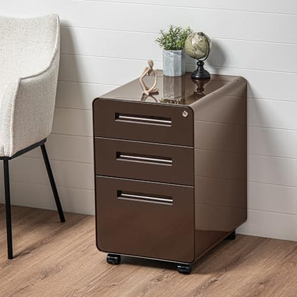 Laura Davidson Furniture Stockpile 3 Drawer File Cabinet with Lock - Under Office Desk Metal Filing Cabinet, Legal/Letter File Folders, Wheels and Stationary Feet, Pre-Assembled, Dark Brown - color: Dark Brown