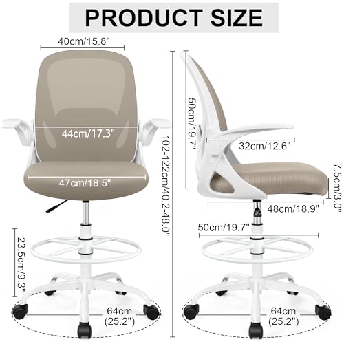 Drafting Chair Tall Office Chair with Flip-up Armrests, Adjustable Height, and Enhanced Lumbar Support - Ergonomic Rolling Stool, Back Support, and Adjustable Foot Rest Ring for Standing Desk Khaki - color: Khaki, size: 934W-Z