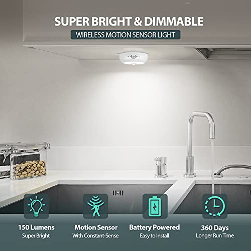 Reoshine Motion Sensor Light Indoor AA Battery Operated, Under Cabinet Lighting, Magnetic Stick on LED Puck Lights for Stair, Wall, Closet, Dimmable, 6000K Cool White (6 Pack) - color: Cool White