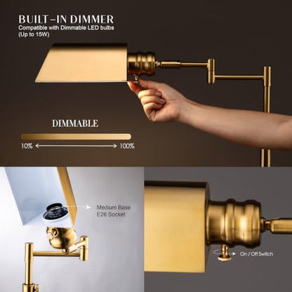 O’Bright Arcadia - Pharmacy Floor Lamp, Full Range Dimming, Swing Arm Task Lamp, E26 Socket, Bulb Replaceable, Adjustable Height 47” to 55”, 360° Rotatable Shade, All-Metal Design, Antique Brass - color: Antique Brass