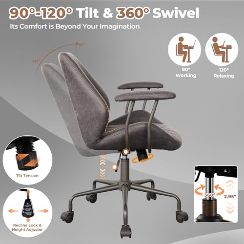 ovios Ergonomic Office Chair, Mid-Back Faux Suede Fabric Executive Chair with Padded Armrest, Mid-Century Modern Comfy Swivel Rolling Computer Desk Chairs, Gray - color: Grey, size: Mid Back, Regular Cushion