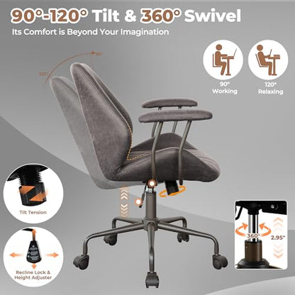 ovios Ergonomic Office Chair, Mid-Back Faux Suede Fabric Executive Chair with Padded Armrest, Mid-Century Modern Comfy Swivel Rolling Computer Desk Chairs, Gray - color: Grey, size: Mid Back, Regular Cushion