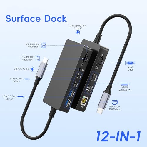 New Surface Thunderbolt 4 Dock Triple Displays 4K HDMI*2+VGA, 12 in 1 Surface Pro Docking Station with Power Adapter for Surface Pro 11/10/9/8/X/7/6/5/4/3, Surface Laptop, Surface Book Go